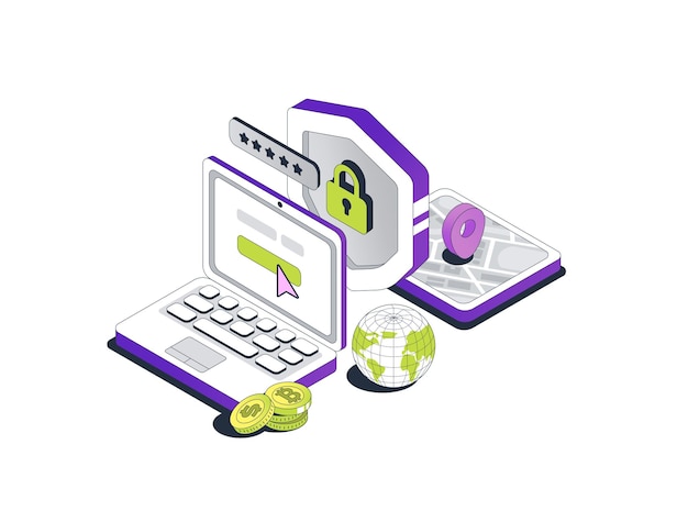 laptop makes a purchase a flying shield and a delivery map with a placeholder the concept of safe