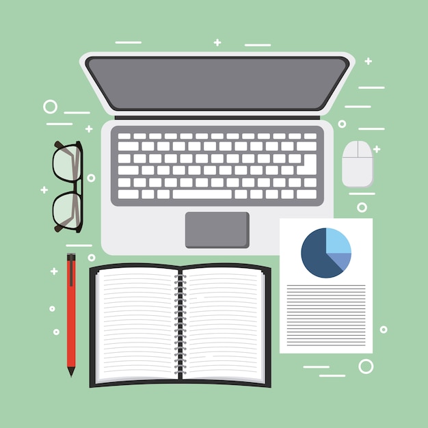 laptop notebook document pencil and glasses