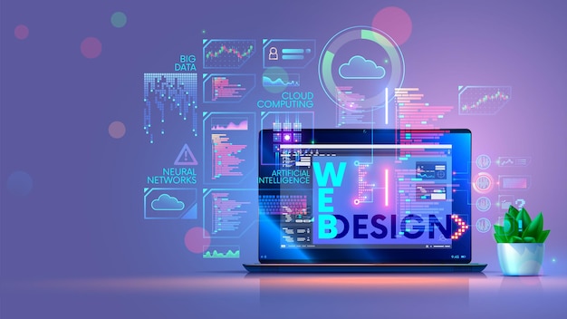 Laptop on desk with software of web design programming creation app software development Abstract design elements of computer technology on screen laptop Online education of technology web design