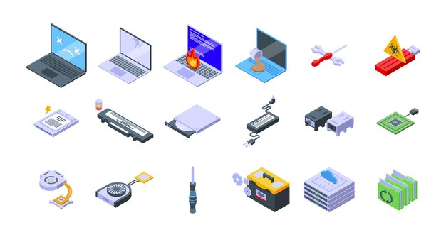 Laptop repair icons set isometric vector. Technician repair