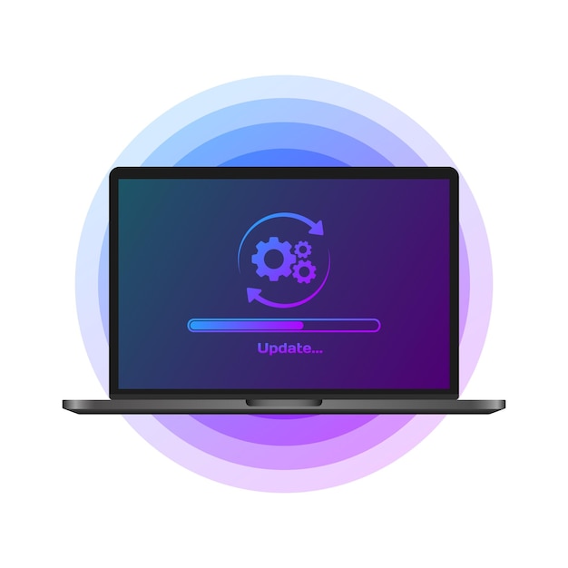 Laptop update Flat purple laptop screen update gear laptop update process Vector illustration