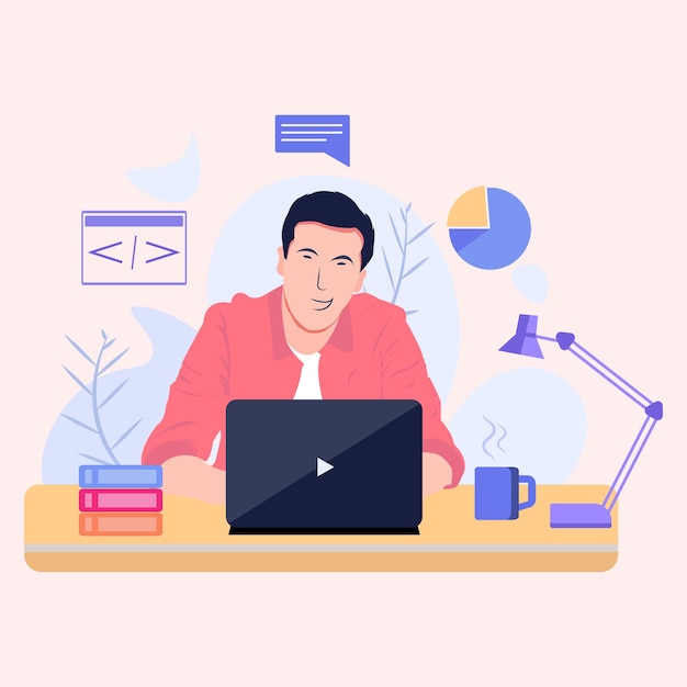 Laptop using men flat character design