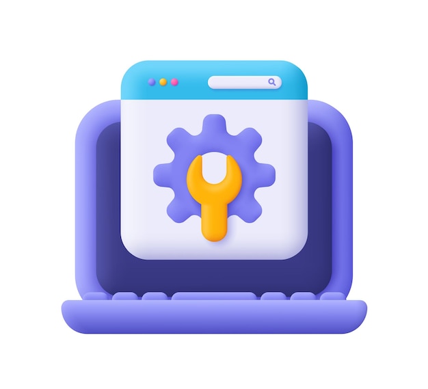 Laptop webpage browser with gear and wrench Online support 3d vector icon Cartoon minimal style