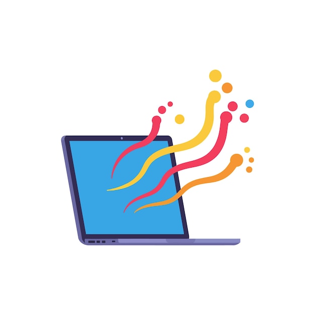 Laptop with colorful abstract waves emanating from the screen in a flat vector art style