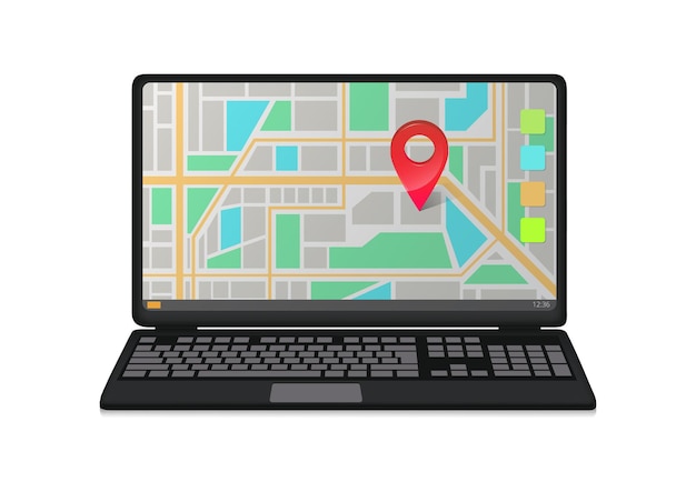 Laptop with map on screen with red pointer