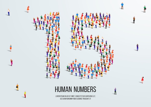 large group of people form to create number 15 or fifteen people font or number vector