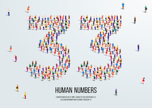 large group of people form to create number 33 or thirty three. people font or number.