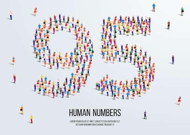 large group of people form to create number 95 or ninety five. people font or number.