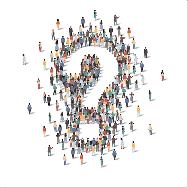 Large group of people forming question mark symbol standing together flat vector illustration People crowd gathering Searching for answer problem solution faq symbol