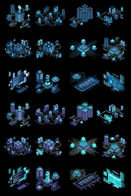 Large set of isometric modern technology concept for cloud computing datacenter database artificial intelligence and blockchain technology Isometric technology