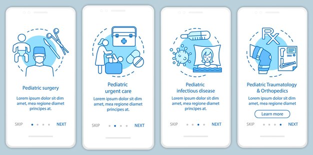 Lastenlääketieteen palveluiden perehdytys mobiilisovelluksen sivunäyttö lineaarisilla konsepteilla. Kirurgia, tartuntataudit, ortopedia läpikäyntivaiheiden graafiset ohjeet. UX, UI, GUI-vektorimalli kuvakkeilla