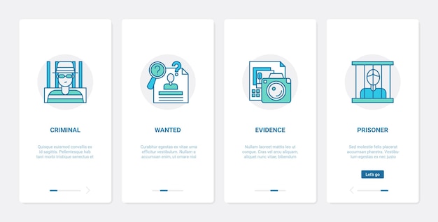 law and judgement of criminal concept. ux, ui onboarding mobile app set crime abstract symbols with wanted criminal person, prison and prisoner, evidence