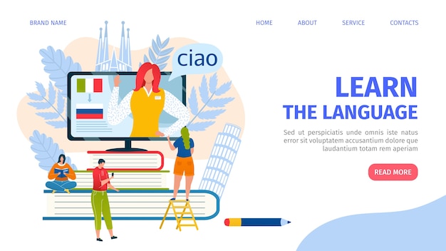 learn language landing web page design template for distance education