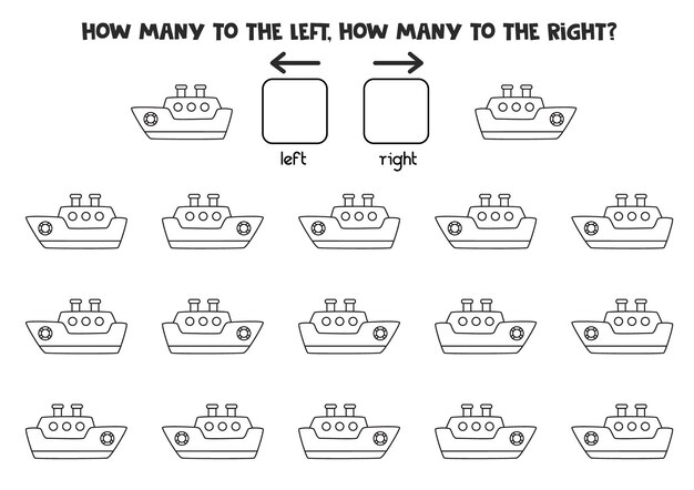 left or right with black and white ship. educational game to learn left and right.