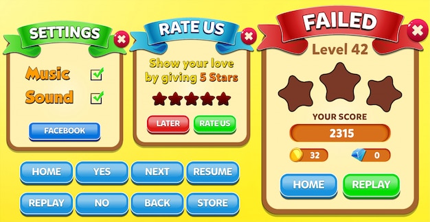 Level Failed, Rate us and settings menu pop up with stars score and buttons GUI