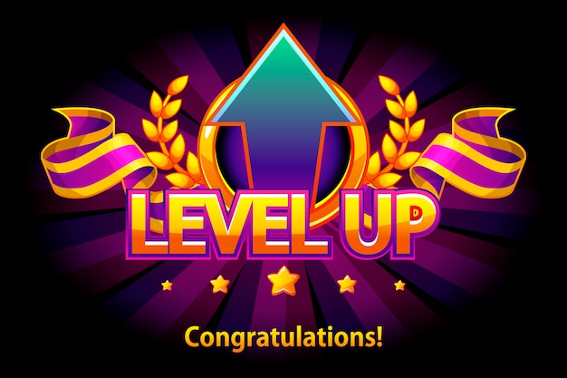 Level UP icon, game screen. illustration with arrow and puple award ribbon. Graphical user interface GUI to build 2D games. Casual Game. Can be used in mobile or web game.