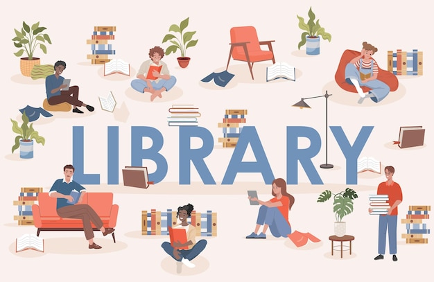 Library word vector flat poster design people sitting and studying