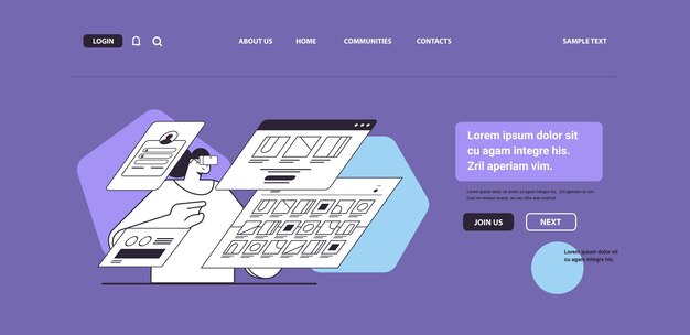 Liikenainen digitaalisissa laseissa analysoi erilaisia geometrisia muotoja verkkoselaimen ikkunoissa, VR-näkökuulokemikrofoni, innovaatio
