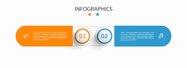 Liiketoiminnan infografiikan mallipohja, jossa on ikonit ja 2 vaihtoehtoa tai vaihetta