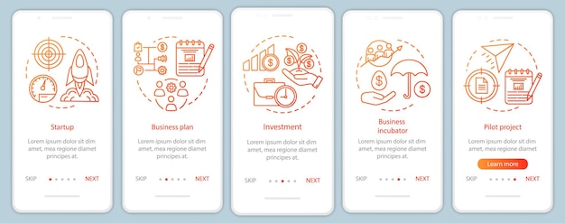 Liiketoiminnan perehdytyksen mobiilisovellussivun ruutu lineaarisilla konsepteilla