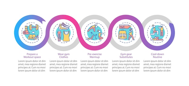 Liikuntavinkkejä kotona, vektori-infografiikka. Datan visualisointi viidellä vaiheella.