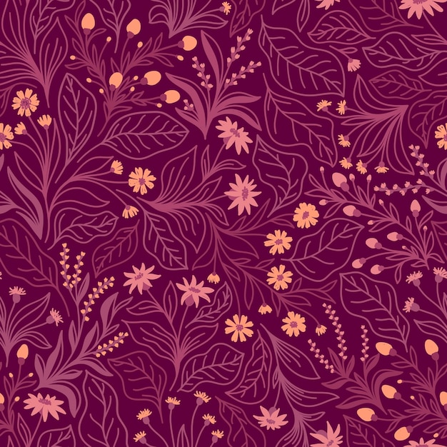 Lilac seamless background with pink flowers and leaves
