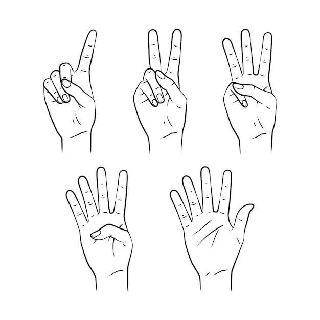 Line Art Hand Gestures Showing Numbers One to Five
