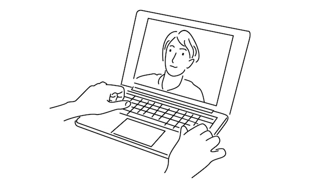 line art of computer with people doing video call vector illustration