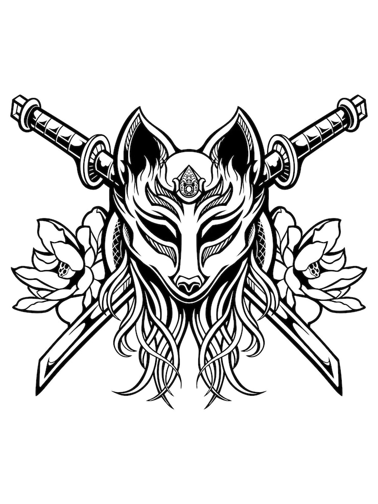 Vektori line art of fox mask with sword