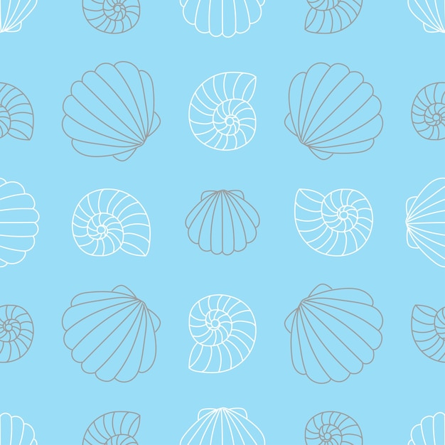 Linear contour drawing of seashells on a blue background Seamless vector pattern of marine theme Design for textiles packaging paperx9