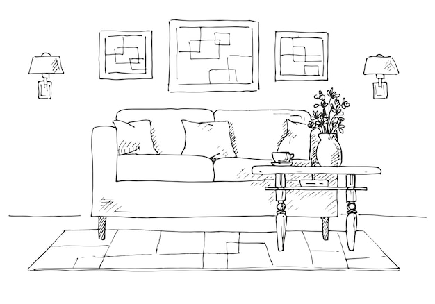 linear sketch of an interior sofa table  lamp flower and picturehand drawn vector illustration of a sketch style
