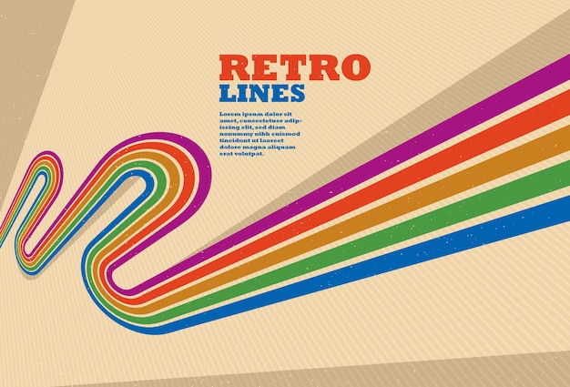 Linear vector abstract background in all colors of rainbow retro style lines in 3D dimensional perspective vintage poster art