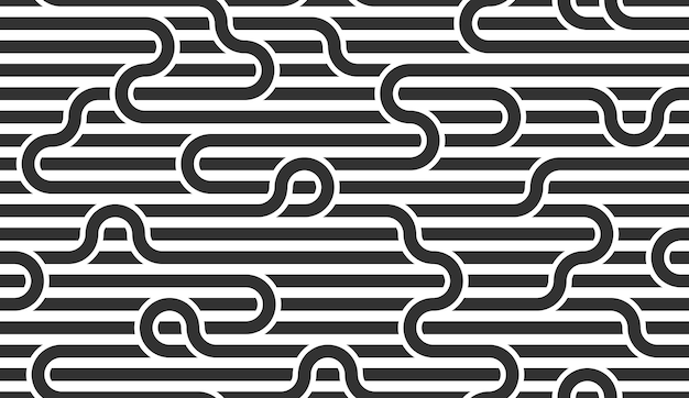 Lined seamless vector pattern with twisted lines, geometric abstract background, stripy net, optical maze, web network. Black and white design.