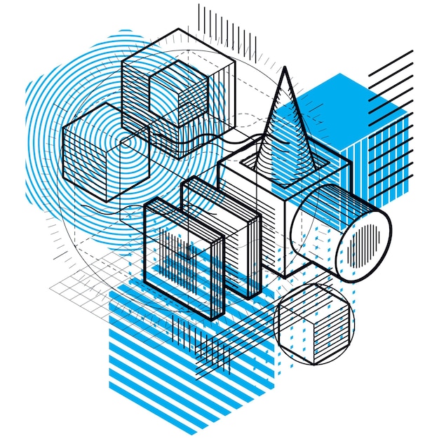 Lines and shapes abstract vector isometric 3d background. Layout of cubes, hexagons, squares, rectangles and different abstract elements.