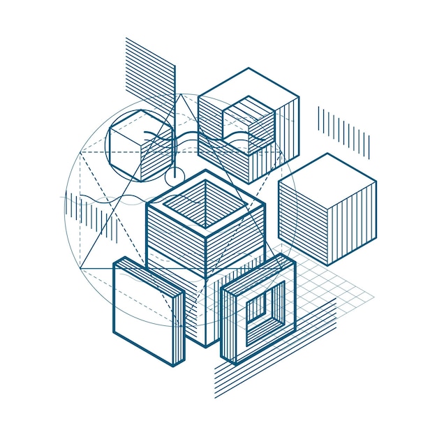 Lines and shapes abstract vector isometric 3d background. Layout of cubes, hexagons, squares, rectangles and different abstract elements.