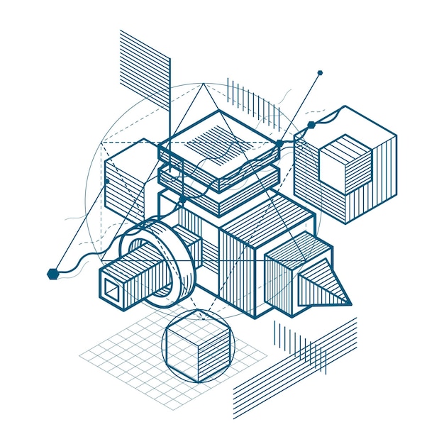 Lines and shapes abstract vector isometric 3d background. Layout of cubes, hexagons, squares, rectangles and different abstract elements.