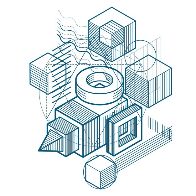 lines and shapes abstract vector isometric 3d background. layout of cubes, hexagons, squares, rectangles and different abstract elements.