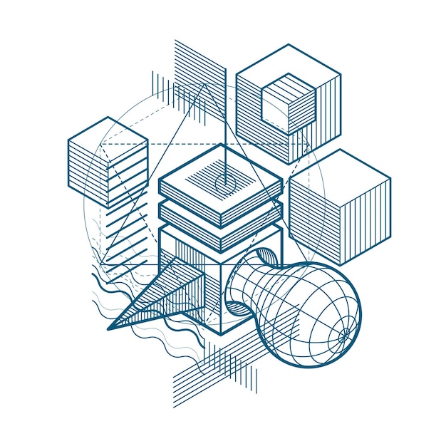 lines and shapes abstract vector isometric 3d background. layout of cubes, hexagons, squares, rectangles and different abstract elements.
