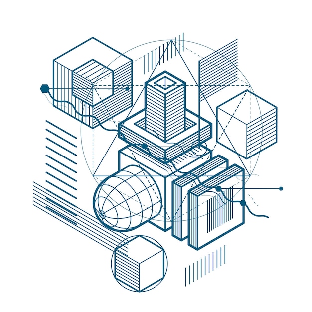 Lines and shapes abstract vector isometric 3d background. Layout of cubes, hexagons, squares, rectangles and different abstract elements.