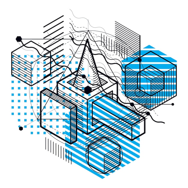 Lines and shapes abstract vector isometric 3d background. Layout of cubes, hexagons, squares, rectangles and different abstract elements.