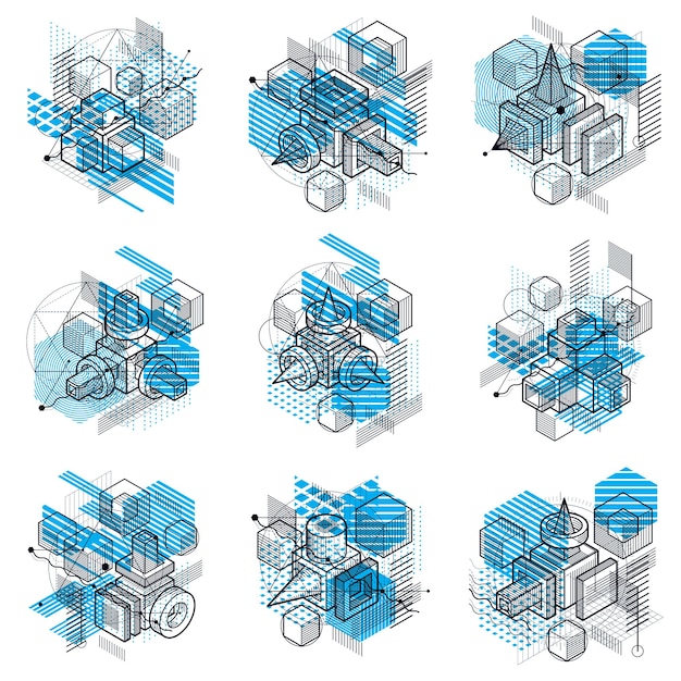 Lines and shapes abstract vector isometric 3d backgrounds. Layouts of cubes, hexagons, squares, rectangles and different abstract elements. Vector collection.