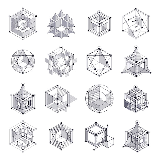 Lines and shapes abstract vector isometric 3D black and white backgrounds set. Abstract scheme of engine or engineering mechanism. Layout of cubes, hexagons, squares, rectangles and different elements