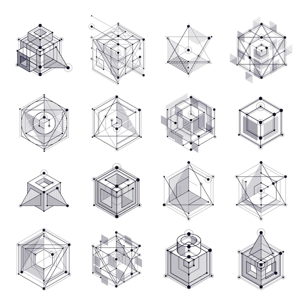 Lines and shapes abstract vector isometric 3D black and white backgrounds set. Abstract scheme of engine or engineering mechanism. Layout of cubes, hexagons, squares, rectangles and different elements
