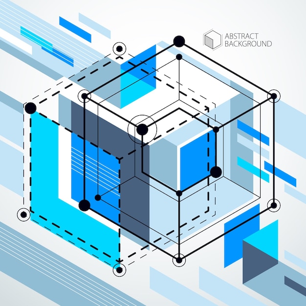 Lines and shapes abstract vector isometric 3D blue background. Abstract scheme of engine or engineering mechanism. Layout of cubes, hexagons, squares, rectangles and different abstract elements.