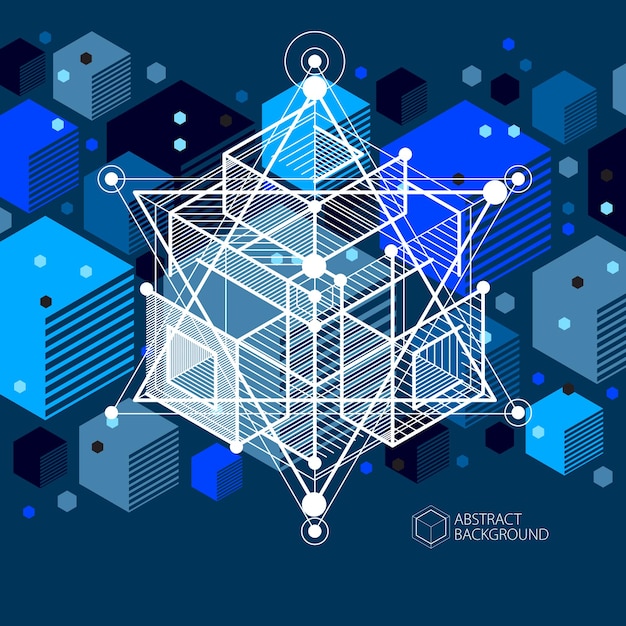 Lines and shapes abstract vector isometric 3D blue black background. Abstract scheme of engine or engineering mechanism. Layout of cubes, hexagons, squares, rectangles and different abstract elements.