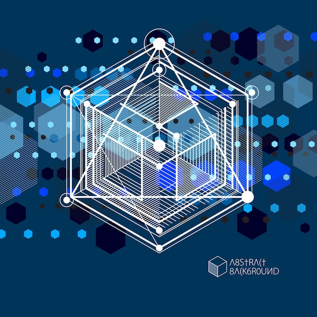Lines and shapes abstract vector isometric 3D blue black background. Abstract scheme of engine or engineering mechanism. Layout of cubes, hexagons, squares, rectangles and different abstract elements.