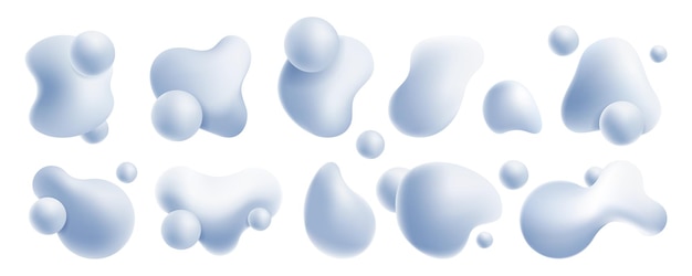 Liquid render shapes Abstract flowing abstract elements with glossy bubbles Vector water splash dynamic isolated set Floating aqua fluid and organic blobs composition collection