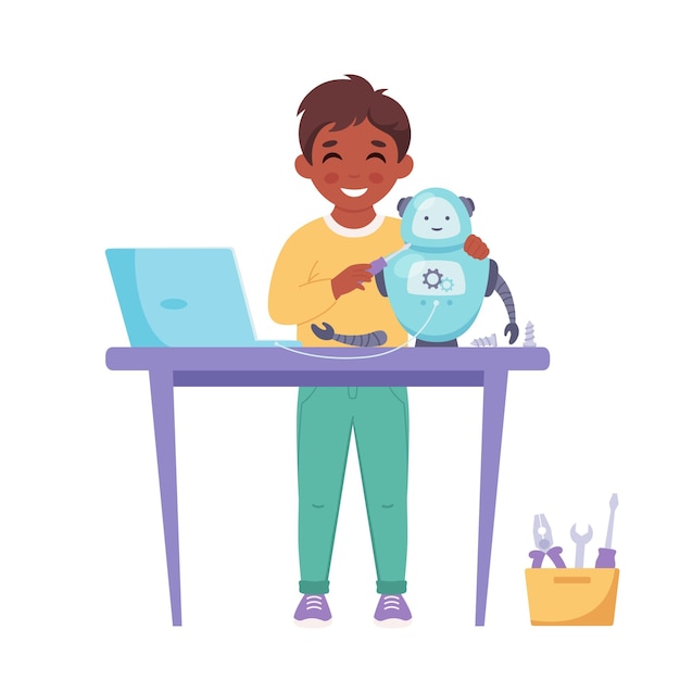 Little boy creating a robot Robotics programming engineering for kids