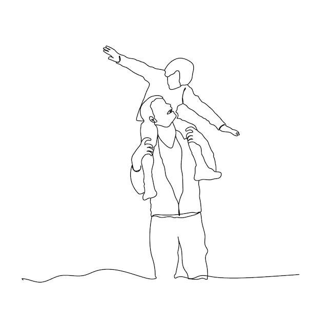 Little boy sat on father's shoulder continuous line drawing vector happy father and son line art