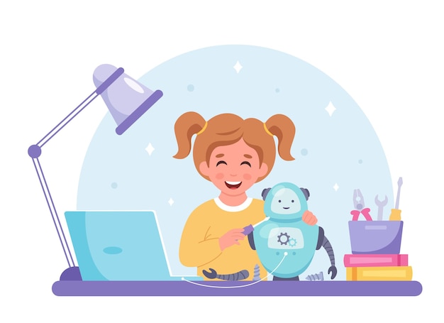 Little girl building a robot Robotics programming and engineering for kids